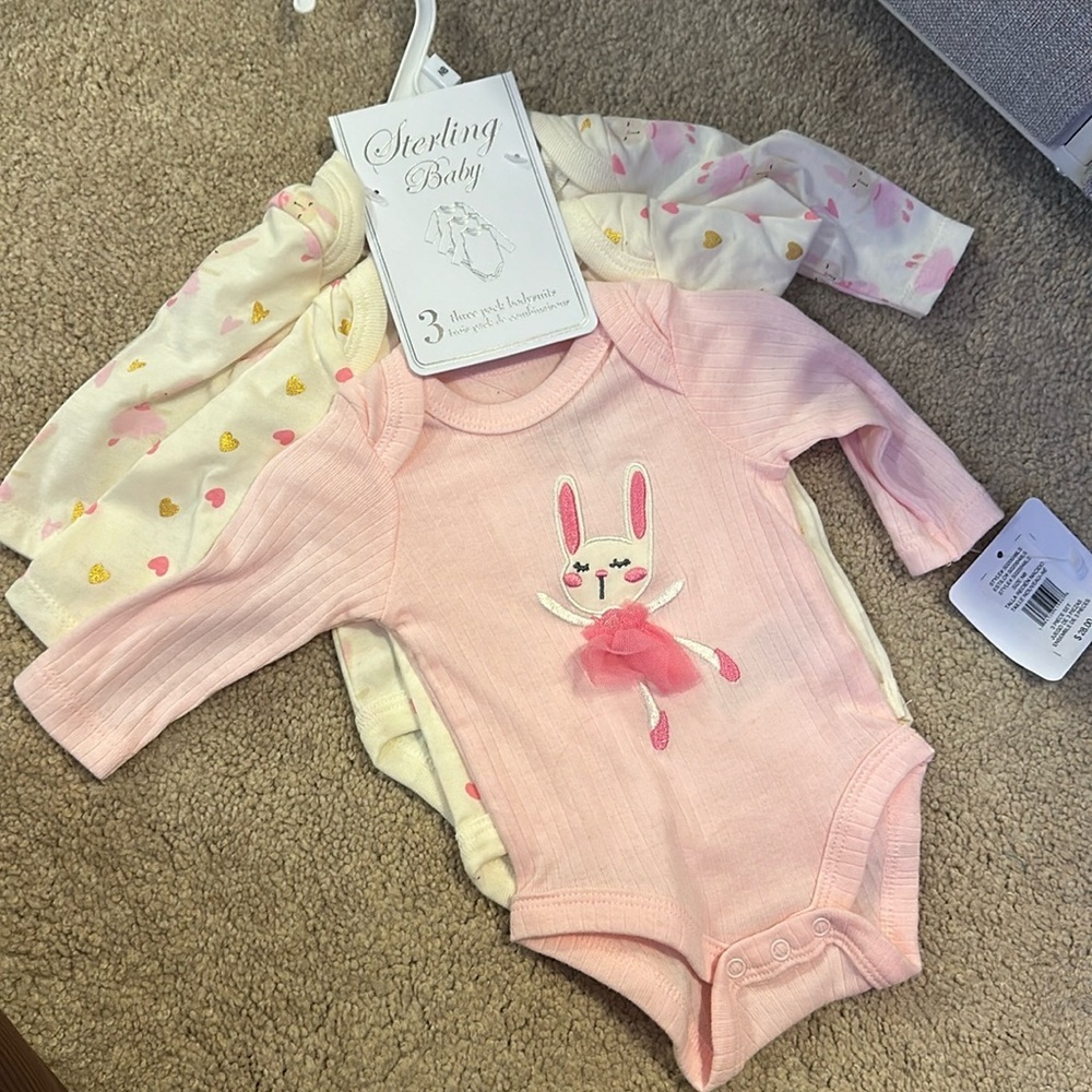 Sterling Baby Pink Bunny Ribbed Long-Sleeve Bodysuit (3-Pack) Like New Worn once